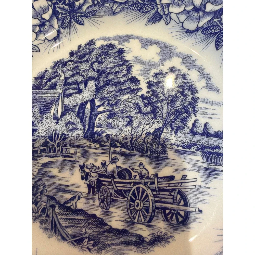Ceramica Quadrifoglio Italy Blue White Transferware Pastoral Scene Plate 8in